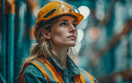 A young woman wearing a safety helmet and high-visibility vest stands in a busy warehouse, gazing upward with a focused expression during the daytime.の素材