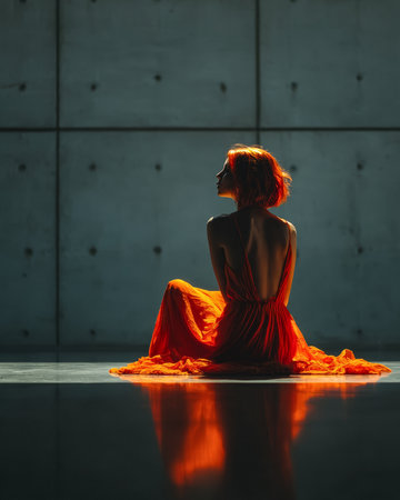 A woman sits gracefully on a shiny floor, wearing a beautiful orange dress. Her silhouette is highlighted against a dark wall, creating a striking contrast in a modern, minimalist setting.の素材