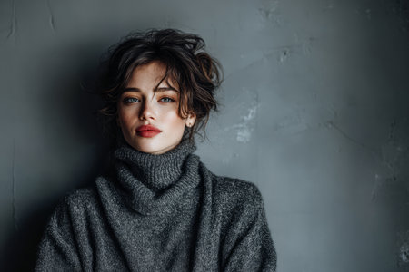 A young woman with curly hair and a relaxed expression is standing against a textured gray wall. She wears a soft, warm sweater, giving off a cozy vibe in the indoor space.の素材
