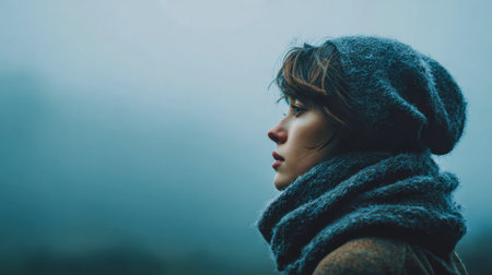 A young woman stands still, wearing a cozy wool hat and scarf while looking into a misty landscape. The scene captures the serenity of a quiet, foggy morning.の素材