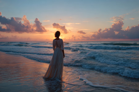 A woman wearing a long dress gazes at the horizon where the sun sets over the ocean. Waves lap at her feet as colorful clouds fill the sky in the evening light.の素材