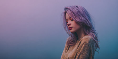 A young woman with long purple hair stands quietly with her eyes closed, wearing a cozy sweater. The background showcases a smooth gradient of soft colors, creating a serene atmosphere.の素材