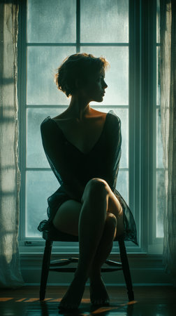 A woman dressed in a black outfit sits gracefully on a chair by a bright window. Soft sunlight fills the room, highlighting her silhouette and creating a tranquil mood.の素材