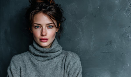 A young woman stands confidently against a dark wall. She wears a warm, soft sweater and has a natural, serene expression showcasing her striking eyes and casual style.の素材