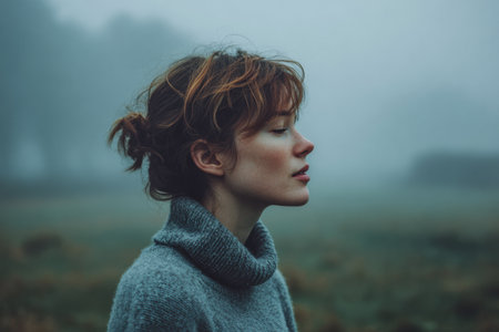 A woman stands quietly in a foggy field, wearing a cozy gray sweater. The soft light of dawn creates a serene atmosphere, enhancing her thoughtful expression.の素材