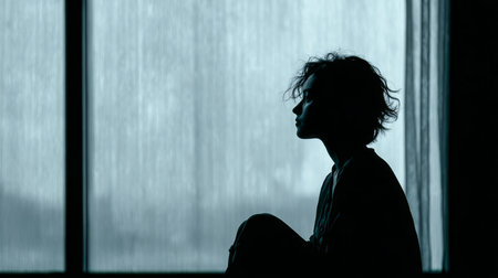 A solitary individual with curly hair sits by a large window, gazing out at the rain. The dim light creates a peaceful yet introspective atmosphere, perfect for contemplation.の素材