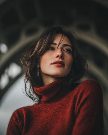 A woman wearing a red sweater stands beneath a large archway, looking thoughtfully into the distance. Her hair is styled loosely, and the mood is calm against the gray sky.の素材