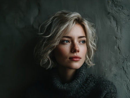 A young woman with short blonde hair gazes thoughtfully to the side while wearing a cozy dark sweater. The textured wall behind her creates a calm, intimate atmosphere.の素材