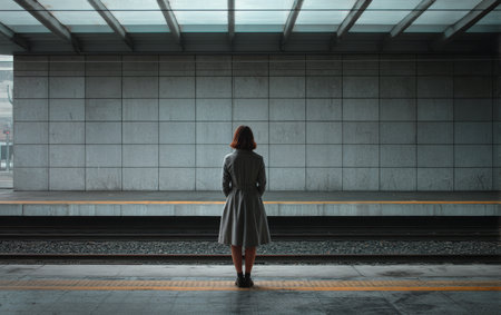 A woman stands alone at a sleek train station, looking towards the platform. The atmosphere is calm, with a cloudy sky adding to the urban setting. Trains can be seen in the distance.の素材