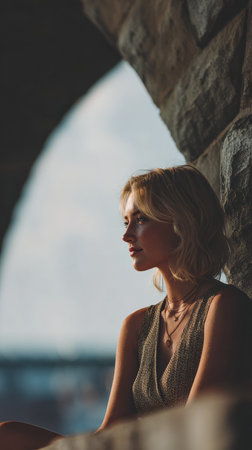 A woman sits quietly in a stone archway, bathed in soft light during golden hour. Her thoughtful expression and relaxed posture create a serene atmosphere.の素材