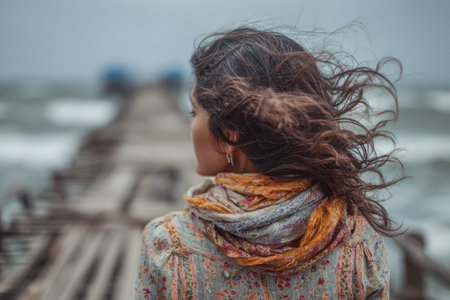 A woman stands on a weathered wooden pier, with her hair being blown by the wind. She gazes out at the turbulent sea under a cloudy sky, wrapped in a colorful scarf.の素材