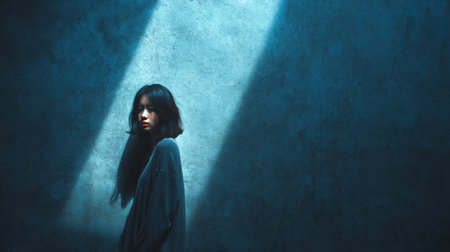 A young woman with long hair stands quietly in a dark area. Soft blue beams of light create shadows around her, giving a mysterious and emotional atmosphere.の素材
