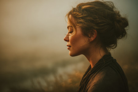 A woman stands quietly in a foggy field, her curly hair gently framing her face. Soft light creates a warm atmosphere, highlighting her reflective expression as she takes in the serene surroundings.の素材