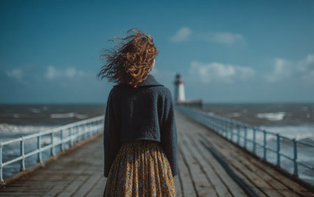 A woman with flowing hair stands on a wooden pier, looking towards a lighthouse in the distance. Waves crash against the structure as the wind swirls around her. It's a beautiful late afternoon.の素材