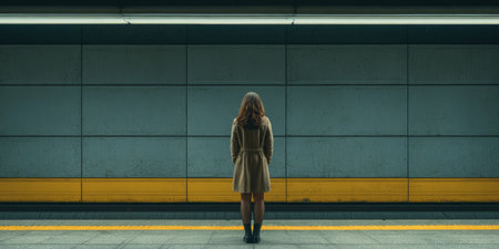 A woman stands still at a train station platform, dressed in a coat, waiting for her train. The modern architecture creates a clean and minimalist background in the early morning light.の素材