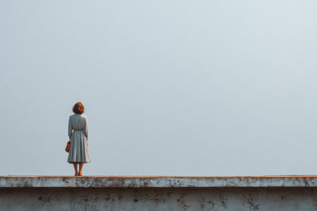 A woman stands on a concrete ledge, looking out toward the open sky. She wears a simple dress and holds a small bag, capturing a peaceful moment in the evening.の素材