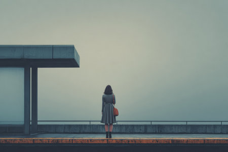 A woman stands alone on a train platform, gazing into the foggy distance. The urban environment is quiet, with a muted sky creating a serene atmosphere.の素材