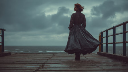 A woman dressed in a long, flowing gown strolls along a weathered wooden pier. Dark clouds loom overhead, and choppy waves crash against the shore, creating a dramatic scene.の素材