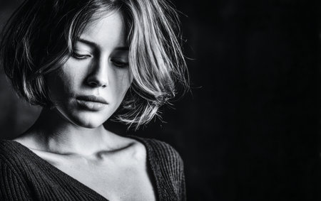 A woman stands in a dimly lit space, her gaze downward. The soft lighting highlights her delicate features and the texture of her hair, creating a serene mood.の素材