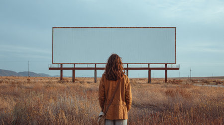 A woman in a brown jacket gazes at a blank billboard in an expansive field at dusk. The serene environment and fading light create a calm atmosphere, inviting reflection.の素材