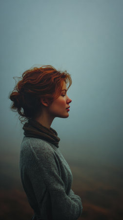 A young woman gazes into the distance in a foggy outdoor scene. Her hair rests softly on her shoulders, and she wears a warm sweater, suggesting a chilly morning atmosphere.の素材