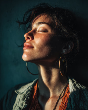 A woman relaxes with her eyes closed, enjoying the warmth of sunlight on her face. The shadows create a calming atmosphere, highlighting her features and jewelry.の素材