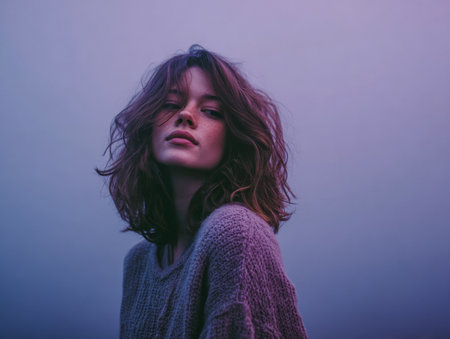A young woman gazes softly at the camera under dim twilight. Her wavy hair falls gracefully around her shoulders, creating a peaceful vibe that blends with the surroundings.の素材