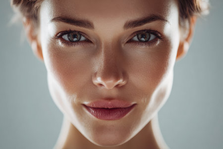 A woman with clear skin and captivating eyes gazes directly at the camera, showcasing confidence and beauty. Soft lighting highlights her facial structure in the studio.の素材