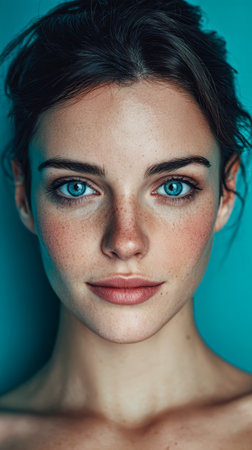 A young woman with striking blue eyes and a fresh complexion poses in front of a turquoise wall. Her relaxed expression and subtle freckles convey a sense of beauty and serenity.の素材