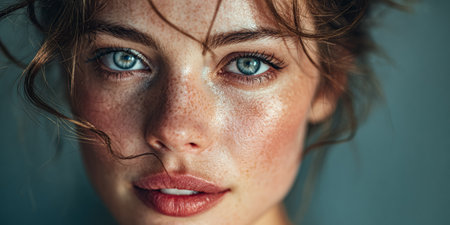 A young woman is captured close-up, featuring bright blue eyes, natural freckles, and a soft smile. The background is softly blurred, emphasizing her features and expression.の素材