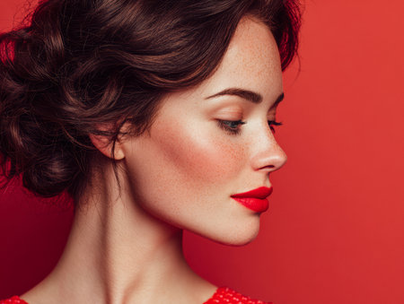 A woman poses gracefully with her head turned slightly, revealing her smooth profile and rich red lips. The bold red background enhances her sophisticated look, creating a striking visual impact.の素材