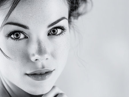 A detailed close-up showcases a woman's face, emphasizing her freckles and striking eyes. Soft lighting creates an elegant atmosphere, highlighting her natural beauty.の素材