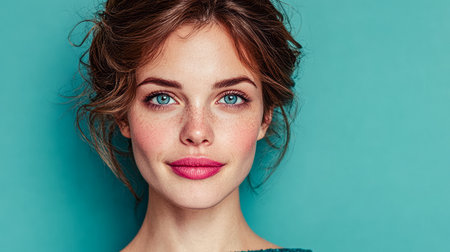 A young woman stands against a solid blue background, smiling confidently. Her striking blue eyes and vibrant lips highlight her natural beauty. The atmosphere feels fresh and lively.の素材