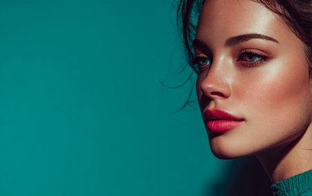 A young woman with beautiful features showcases her makeup in a close-up against a bold teal background. The lighting highlights her flawless skin and captivating expression.の素材