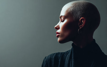 A woman with a shaved head poses gracefully in low light, emphasizing her strong profile. Her eyes are closed, suggesting calmness and introspection in the serene atmosphere.の素材