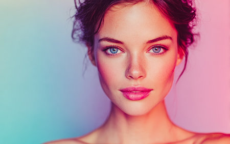 A young woman displays her alluring blue eyes and smooth skin while posing in a studio with a colorful gradient backdrop. The lighting enhances her natural beauty.の素材
