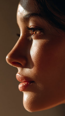 Soft sunlight casts warm tones across a woman's profile, bringing out her facial features. The serene expression and smooth skin create a peaceful atmosphere.の素材