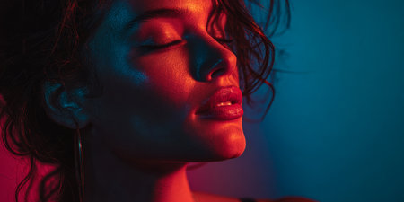 A young woman with curly hair showcases expressive features in vibrant red and blue lighting. Her eyes are closed, capturing a moment of tranquility and beauty at nighttime.の素材