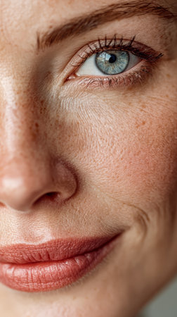 A woman with light freckles and captivating blue eyes is smiling gently. Her lips have a subtle shade, and her skin glows in warm, natural light, creating a serene atmosphere.の素材
