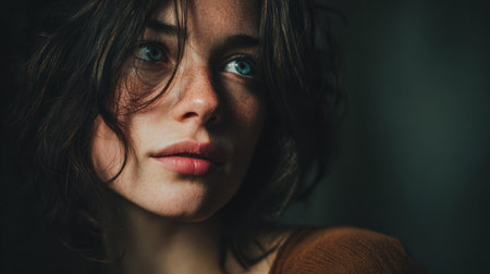 A young woman gazes thoughtfully with her tousled hair falling softly around her face. The warm light highlights her blue eyes, creating an inviting atmosphere in a cozy setting.の素材