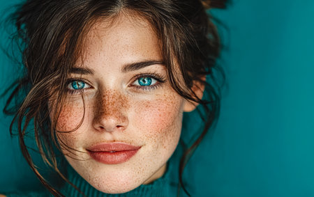 A young woman with striking blue eyes and distinctive freckles smiles warmly, her hair casually styled against a bold teal backdrop. The scene radiates joy and warmth.の素材