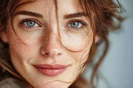 A young woman with vibrant blue eyes and curly hair smiles gently, her natural beauty highlighted by soft lighting. Freckles add charm, creating an inviting atmosphere.の素材