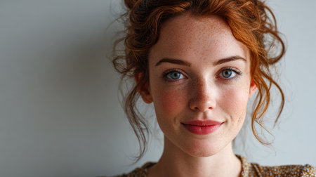 A young woman with curly red hair and striking blue eyes smiles warmly. She is in a well-lit indoor space, conveying a cheerful and friendly atmosphere.の素材