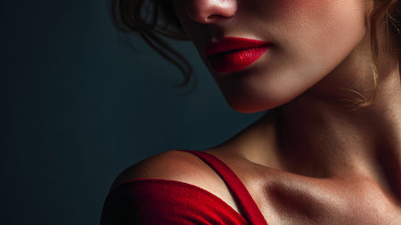 A woman poses with her shoulder exposed, highlighting her elegant neckline. Soft light enhances her striking red lips and cheekbone, creating a captivating and dramatic effect.の素材