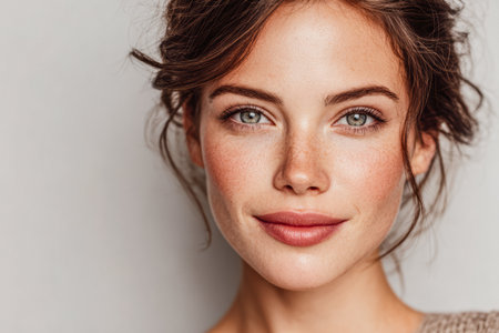 A young woman smiles gently, highlighting her fresh complexion and sparkling eyes. She has tousled hair and is dressed casually, creating a relaxed atmosphere.の素材