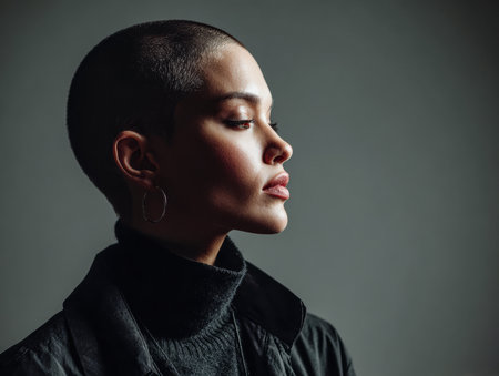 A woman poses in profile with a shaved head, exuding confidence. She wears a black sweater and jacket, with simple earrings, against a muted background in a professional studio.の素材