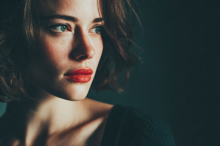 A woman with short, curly hair and blue eyes gazes thoughtfully into the distance. The soft, dramatic lighting highlights her features, emphasizing her vibrant lips and smooth skin.の素材