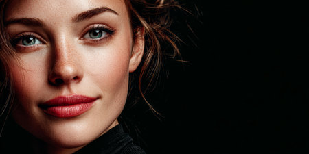 A young woman with striking green eyes and light makeup gazes at the viewer. Her hair is styled softly, and the dark background enhances her features, creating a dramatic effect.の素材