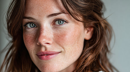 A young woman with stunning freckles and bright blue eyes smiles warmly while sitting indoors. Soft natural light highlights her features, creating a calm atmosphere.の素材