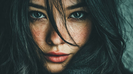 A young woman gazes thoughtfully at the camera, her dark hair partially covering her face. Soft light highlights her striking eyes and freckles, creating an intimate vibe perfect for fall.の素材